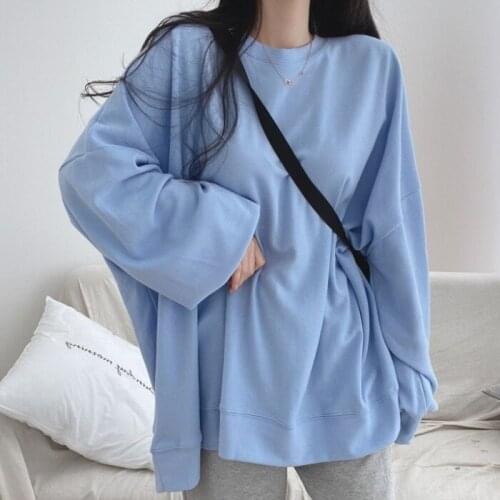 Loose Solid Brief Korean Style Female Fashion All-match Students New Trendy Streetwear 2021 Fall Women O-neck Sweet Sweatshirts