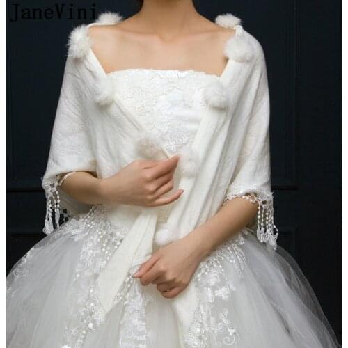 JaneVini Ivory/Red Wedding Lace Bolero Rouge Fur Coat for Women Bridal Cape Faux Fur Shawl Bride Party Wrap Stoles Etole Mariage
