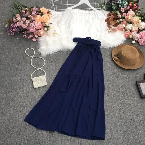 2021 New Summer Lace Crochet stitching short sleeve Shirt + high waist slim split A-line long Skirt two piece set