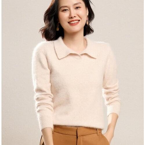 Pure Mink Velvet Lapel Pullover Autumn And Winter New Style Pure Color Knitted Cashmere Sweater Ladies Casual Loose