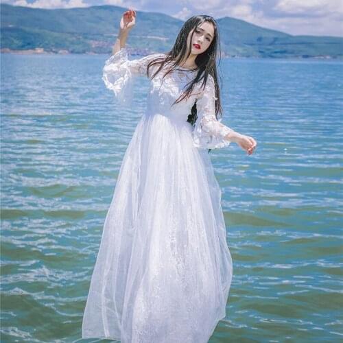 New Lace Floral Maxi Dresses Fashion Sexy Elegant Women O-neck Flare Sleeve Beach Party Long Dress Vestidos Mujer Verano