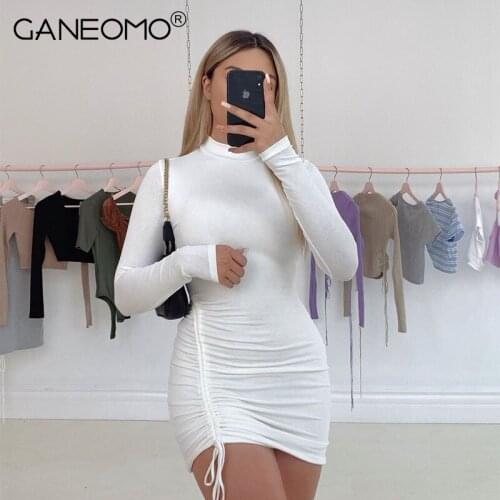 Women Casual Long Sleeve White Bodycon Mini Dress 2021 Autumn Skinny Drawstring Party Club Dresses Black Clothes Wholesale Items