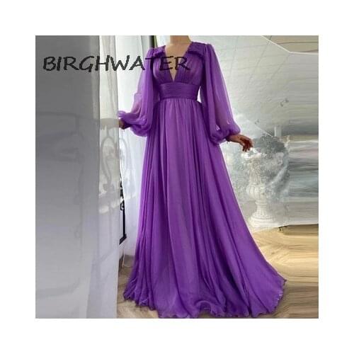 Women Prom Dress Elegant Purple Chiffon V-Neck Party Dresses 2021 Puff Sleeves Draped Top Empire Simple A-Line Evening Dress
