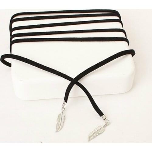 Fashion Jewelry Harajuku Leaf Feather Suede Women Necklace Velvet Long Adjustable Black Leather Necklace Elegant Necklace