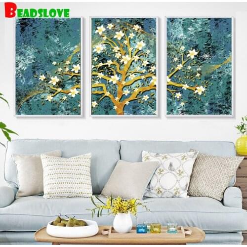 3 Pieces Abstract Diamond Painting Modern Home Decor Diamond Embroidery Landscape Tree Flower Diamond Mosaic Triptych Painting