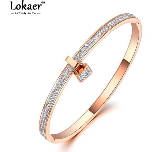 Lokaer Trendy Clay Pave Setting Crystal Lock Charm Bracelets Bangle For Women Stainless Steel Bracelet For Birthday Gift B20024