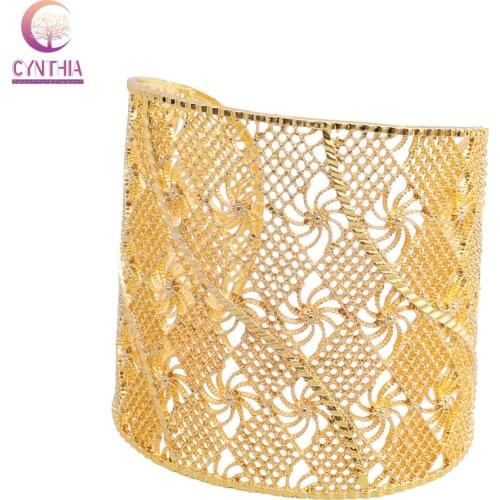CYNTHIA Algeria Wedding Bridal Hand Bangles Hollow Flower Pattern Luxury Gold Color Cuff Bracelets Free Size