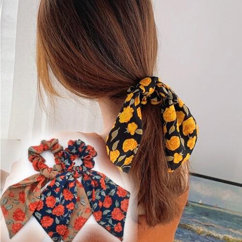 Long Ribbon Scrunchies Print Bow Elastic Hair Band Women Girls Rope Ponytail Holder Scarf Tie Elegant Headband Hair Accessories