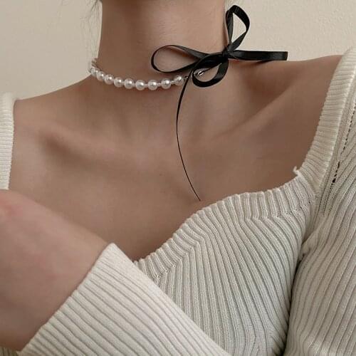 2021 Korea Sweet Black Velvet Bow Double Necklace Simple Bowknot Plush Pearl Clavicle Chain Collar for Women Lady Jewelry