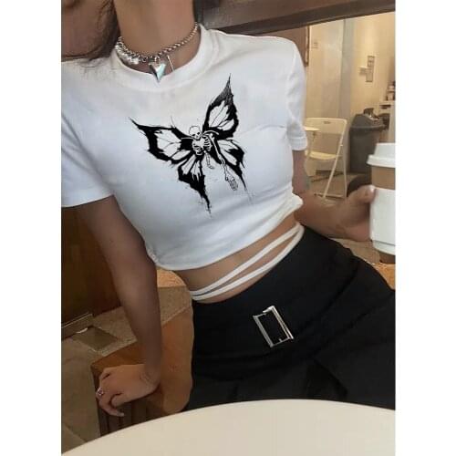 Harajuku T-shirt Funny Butterfly Pattern Print Streetwear Sweet Hot Girl Short Sleeve T-shirt 200s White Short Harajuku T-shirt