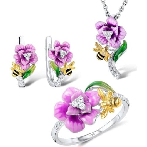 Dainty Female Enamel Flower Jewelry Set Charm Silver Color Clip Earring For Women Cute Zircon Stone Wedding Ring Chain Necklace
