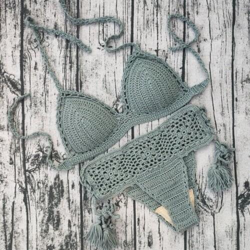 Handmade Crochet Bikini Set Sexy Push up Women Swimwear Beach tassel shorts Mid waist Swimsuit Suit