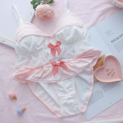 Sweet Cute Girly Bra Set Japanese Sexy Student Bow Underwear Set Women Cotton Single-Breasted Lingerie Kawaii Women Pajamas Sets