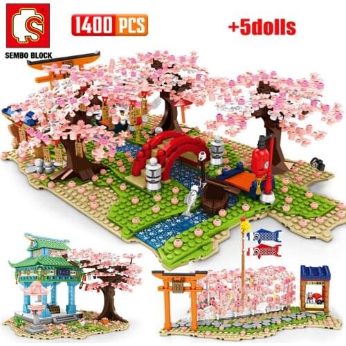 SEMBO City Sakura Street View Cherry Blossom Shrine Building Blocks DIY Carp Flags Spring Festival Bricks Assemble Toys Children