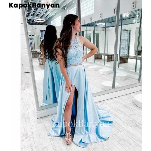 Lace Halter Split A-line Prom Dress Two Pieces Backless Long Satin Evening Gown
