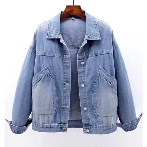 Korean Vintage Blue Short Denim Jacket Women Outwear Chaquetas Mujer Big size Loose Long sleeve Pocket Jeans Jacket Coat Female