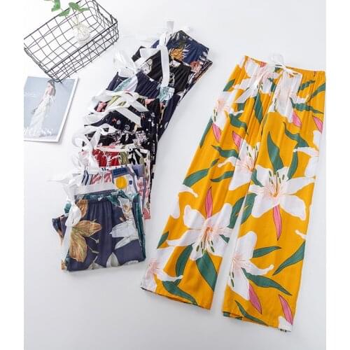 Summer pajamas womens cotton pajamas home wear thin womens wide leg pants loose size pajamas
