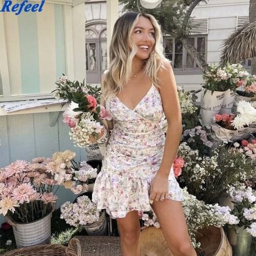 Mini Dress Fashion Small Floral V-neck Sling Summer women dress New Fashion Retro Casual Street Chic Youth Women Dress