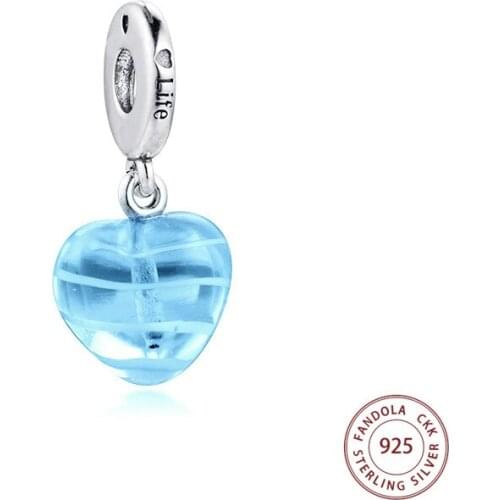 Trendy 925 Sterling Silver Murano Glass Blue Ribbon Heart Dangle Charms Beads Fits Pandora Bracelet DIY Jewelry Making kralen