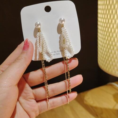 New Shiny Chain Pearl Tassel Metal Earrings Simple And Elegant Ladies Fashion Earrings Personality All-match Jewelry