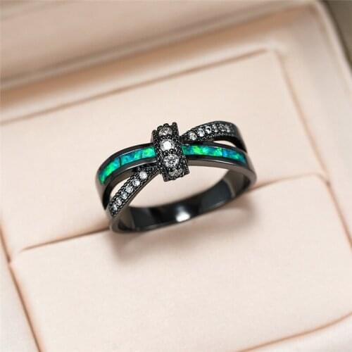 Luxury Crystal White Zircon Engagement Ring Classic Cross Green Opal Stone Rings For Women Vintage Charm Black Gold Wedding Ring