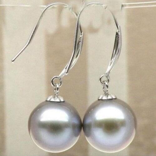 Charming AAA 9 mm Natural akoya silver gray pearl dangle earring 14K/20 white gold