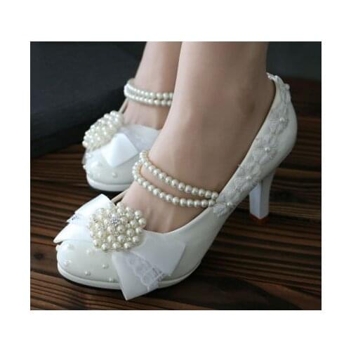 Luxury rhinestone ribbon bow wedding shoes white for woman low high heels pearls straps female lady bride wedding shoe