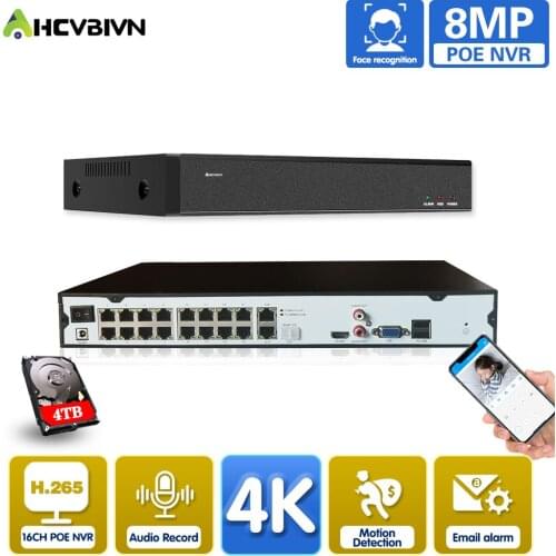 4K 8MP 16CH PoE NVR ONVIF P2P XMEye APP Security Network Video Recorder POE H.265 16 Channel Network Video Recorder Face Detect