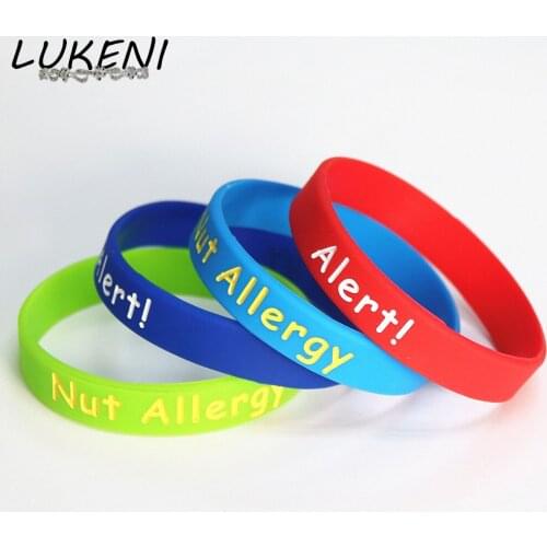 LUKENI 50PCS/lot Medical Alert Nut Allergy Silicone Wristband Adults Size 4 Colors Silicone Braceets&Bangles Wholesale SH110A