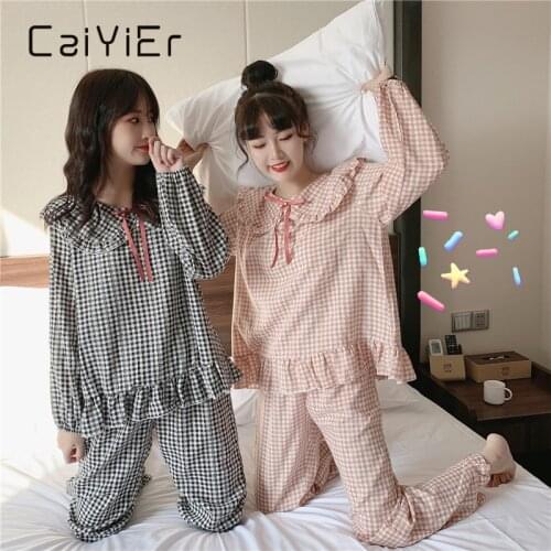 CAIYIER 2021 Korean Edition Spring Loose Doll Collar Sleepwear Languid Lazy Wind Set Head Lace Grid Home Clothes Pajamas Female