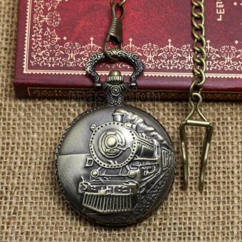 Victorian Style Retro Vintage Bronze Steam Train Head Quartz Movement Pocket Watch Necklace Chain Pedant P107C