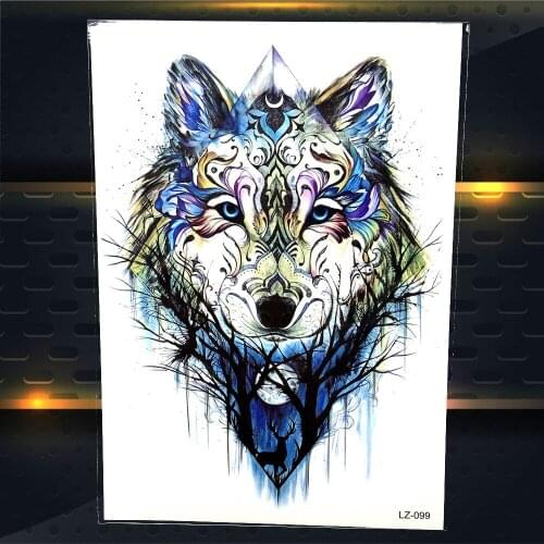 Fake Watercolor Forest Cresent Moon Temporary Tattoo For Men Women Geometry Wolf Arm Tatoo Waterproof Henna Flash Tattoo Sticker