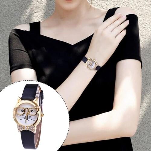 Cute CatS Face Round Dial Rhinestone Faux Leather Wristwatch Women Analog Quartz Wrist Watch For Female Ladies Girl Birthday Gi