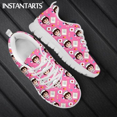 INSTANTARTS Women Medical Shoes Cartoon Nurse Doctor Print Breathable Walking Mesh Flat Shoes Casual Sneakers Zapatos Planos