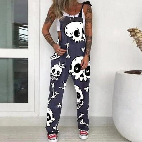 Plus Size Womens Overall Pants Printed High Waist Square Collar Long Pants Autumn Halloween Ladies Loose Trousers Streetwear