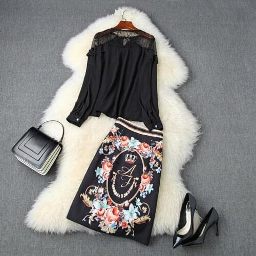 Autumn Runway Fashion Women Set Vintage Ladies Office Black Ruffles Lace Blouse+Short Flower Print Skirts 2 Pieces Suit