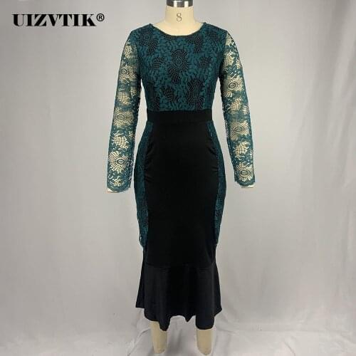 Hook Flower Dress Women 2020 Autumn Summer Casual Plus Size Slim Office Bodycon Dress Vintage Sexy Lace Long Mermaid Party Dress