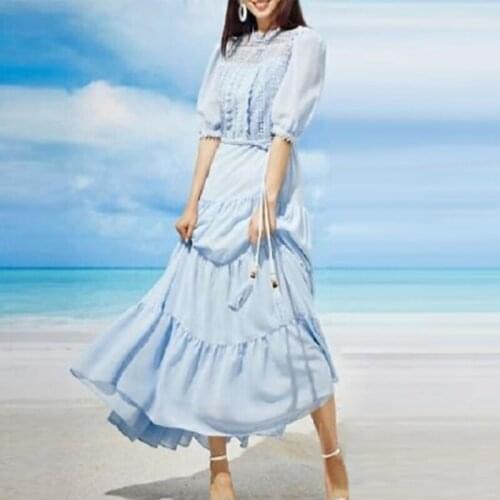 2021 Summer Dress Women Blue Short Sleeve Water-soluble flower Patchwork Belt Elegant Full Dresses