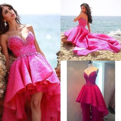 Fuchsia High Low Fashion Prom Dresses 2019 Sweetheart Beads Ruffles Vintage Lace Vestido De Robe Formal Evening gown prom dress