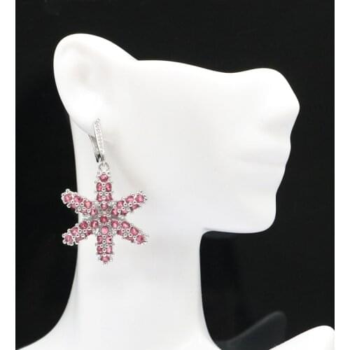 45x30mm Starfish Shape Silver Earrings For Women Created Pink Tourmaline White CZ Wedding Drop Shipping