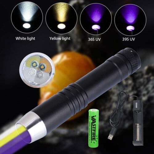 White yellow 365nm/395nm ultraviolet flashlight Lamp LED light source gemstone Jade identification lights Torch +18650+charger