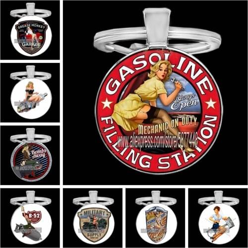 Sexy Women Glass Cabochon Keychain Gas Station Girl Pendent Key Ring Fashion Hot Woman on Rocket Key Chain Mens Jewelry