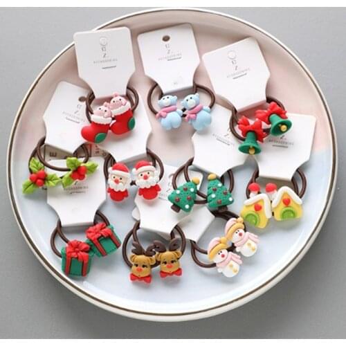 2 Pcs/set Kids Elastic Hair Bands Cute Santa Rope Hair Accessories for Girl Children Santa Tree Claus Gifts Headdress