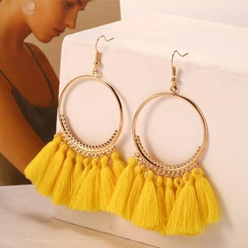 HOCOLE Fashion Tassel Earrings For Women Bohemian Gold Color Big Circle Fringed Hanging Drop Dangle Earring Jewelry Wholesale
