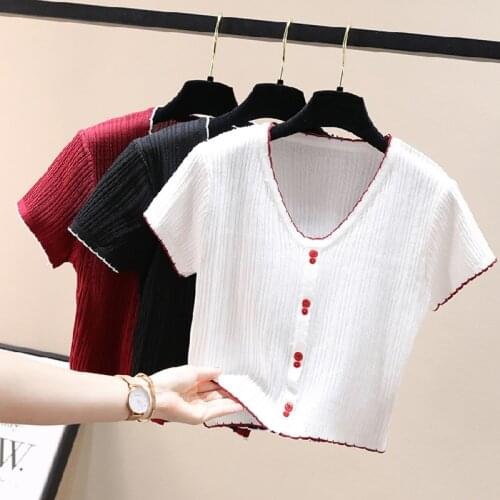 JMPRS Summer Women Short T Shirt Sexy V Neck Knitted Slim Elastic Chic Ladies Tees Casual Short Sleeve Black White Female Top