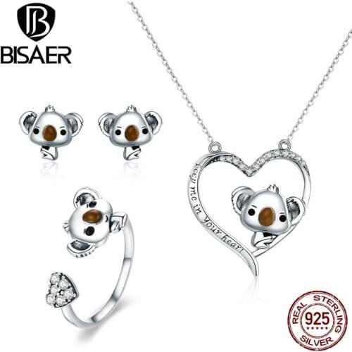 BISAER Real 925 Sterling Silver Jewelry Sets Koala Bear Mom Love Heart Necklace Rings Set Women Jewelry Set Silver 925 Jewelry
