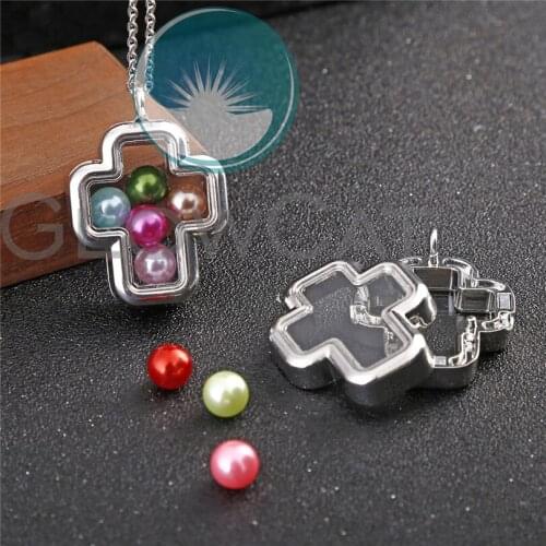Chunky Cross Glass Lockets Magnetic Silver Color Living Memory Floating Pendant Necklace 50cm Steel Chain Jewelry