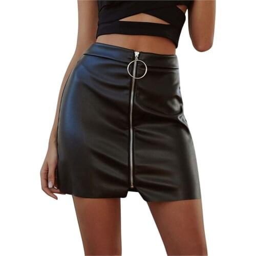 Fashion Women Solid Color Zipper Short Skirt High Waist Leather Mini Sheath Skirt Sexy cross strap short A-line leather skirts