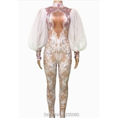 Fashion Spandex Lace Sleeves Rhinestones Jumpsuit Sexy Womens Leggings One Piece Performance Stage Costume Nightclub Outfit
