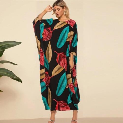 Muslim dress Fashion Womens Bat Sleeve Pleats Color Leaf Printed Bohemian Casual Loose Long Skirt Abaya Dubai Dresses